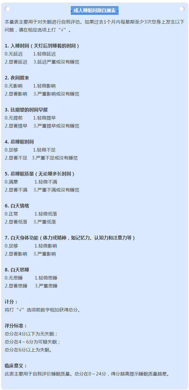 成人睡眠问题自测表